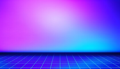 Vibrant neon gradient background transitioning from pink to blue with a glowing retro grid floor.
