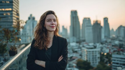 Fototapeta premium Confident businesswoman overlooking a city skyline during sunset, embodying ambition and success.