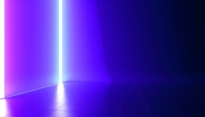 Bright vertical neon light illuminates a reflective surface, creating vibrant purple and blue abstract reflections.