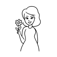 Black and white vector illustration of a beautiful woman holding a flower, minimal clean line art style	