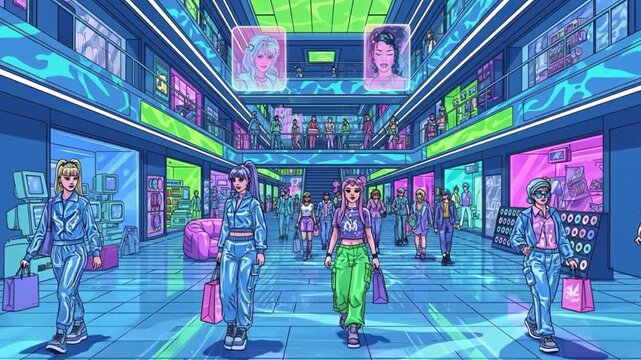 Vibrant Futuristic Shopping Mall with Diverse People and Holographic Displays. Modern Retail Experience in a Neon Cyberpunk Cityscape Illustration.