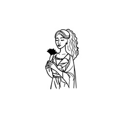 Black and white vector illustration of a beautiful woman holding a flower, minimal clean line art style	