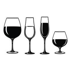 Four distinct glassware types for wine champagne and spirits collection isolated