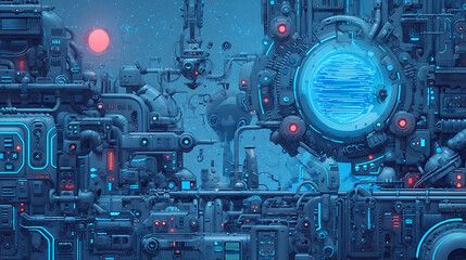 Fototapeta premium Cybernetic Factory with Floating Interfaces and Glowing Shapes 