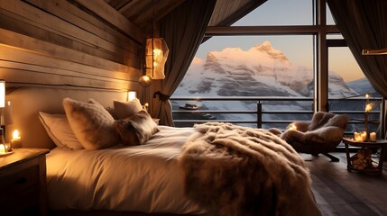 A luxurious chalet room with a faux fur-covered bed and a vintage-style lamp, warm golden light spilling over the space, snow-covered mountains softly glowing in the distance. 