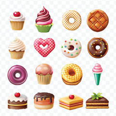 realistic 3d delicious food icons set isolated on transparent background