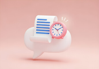 Abstract 3d render of a message bubble with a clock inside symbolizing timely communication