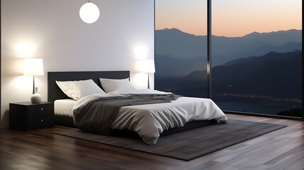 A minimalist bedroom with a white bed and a sleek black lamp, soft moonlight illuminating the mountain view through the window, dark wooden floor, cool tones. 