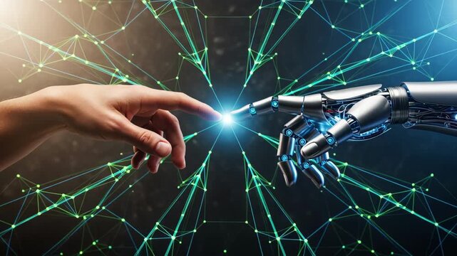 Human and robot hands touch, a spark of connection and advanced technology, futuristic design for AI progress with digital network background animation