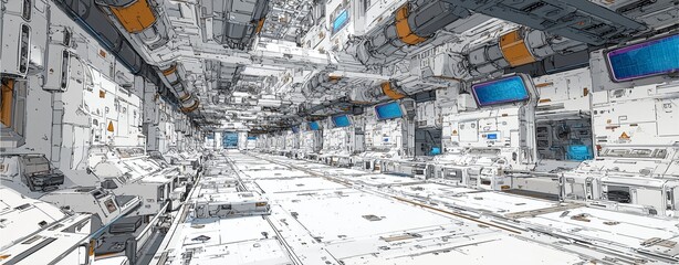 Fototapeta premium Futuristic Interior Space: A perspective illustration unveils a cutting-edge interior with clean, futuristic designs, presenting an abstract landscape of innovation.
