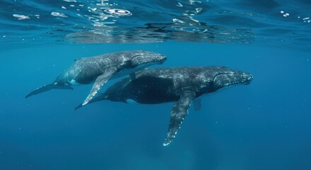 Obraz premium Underwater whale calf and mother