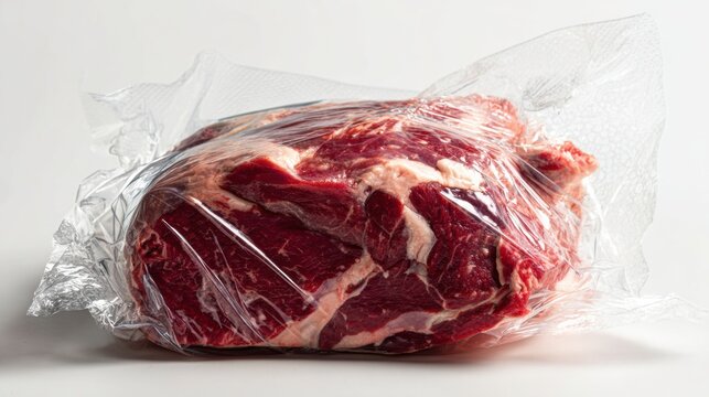 Fresh cut of meat wrapped in clear packaging, showcasing marbling and texture for culinary and butchery purposes.