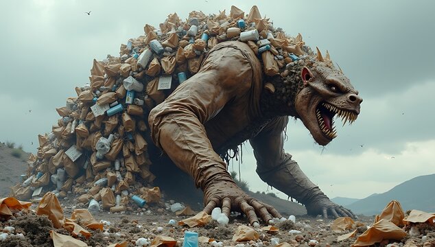 A monstrous creature built from shopping bags and packaging waste, symbolizing overconsumption and materialism.