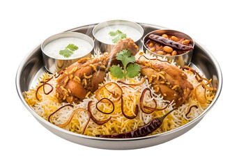 Aromatic chicken biryani, served in a stainless steel platter, with accompanying side dishes and yogurt dip.