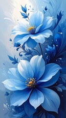 Blue floral art, stylized blooms