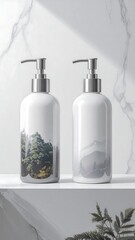 Two white bottles with nature prints