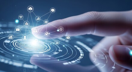 Close up of a human finger interacting with a glowing futuristic digital interface displaying a network of interconnected nodes and data streams representing technology and innovation