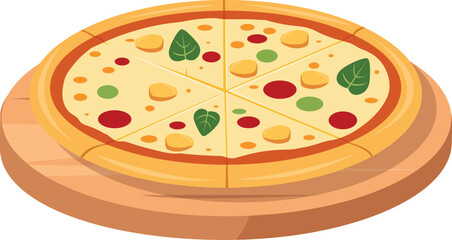 Illustration of a sliced pizza with cheese, pepperoni, basil, and green peppers on a wooden serving board.