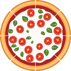 Top-down vector illustration of a pizza with tomato slices, basil leaves, and mozzarella cheese on a crust with visible slices.