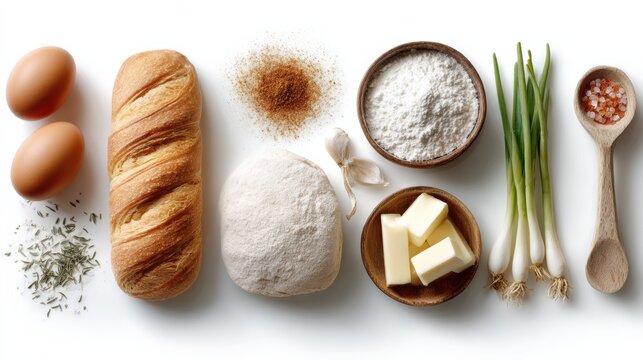 Fresh ingredients laid out for baking: eggs, flour, butter, and green onions for delicious recipes.
