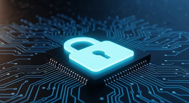 Glowing blue digital padlock icon symbolizing cybersecurity and data protection on a circuit board background representing technology and network security concepts