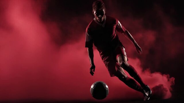 Soccer Player Kicking Ball in Red Smoke, Dramatic Sports Action. - Powered by Adobe