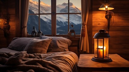 A mountain retreat with a rustic wooden bed and a lantern-style lamp, flickering golden light casting shadows on the walls, snowy mountain view framed by the window. 
