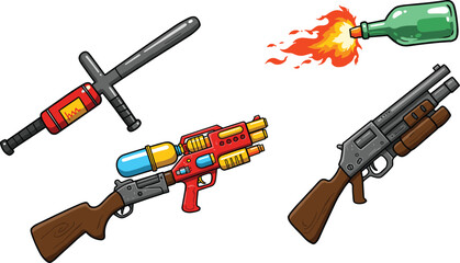 Cartoon weapon illustration, colorful fantasy sword, Molotov cocktail art, futuristic gun design, revolver drawing, bright stylized weapons, gaming concept art, comic style arsenal, digital artwork © Shammi's World