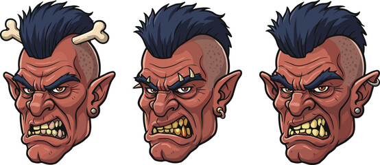 Cartoon character head variations, blue spiky hair, angry face, pointed ears, fantasy creature, game design, comic illustration, villain concept, stylized drawing, digital art