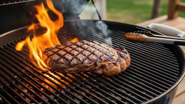 Cooking and food. Grilled steak barbecue grill with flame and smoke, delicious outdoor summer meal, juicy flavorful meat perfect for backyard