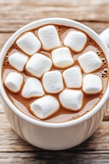 Warm Drink in a White Cup with Marshmallows on a Rustic Wooden Table. Delicious Gluten-free Low-carb Dessert with Soft Topping and Sweet Taste