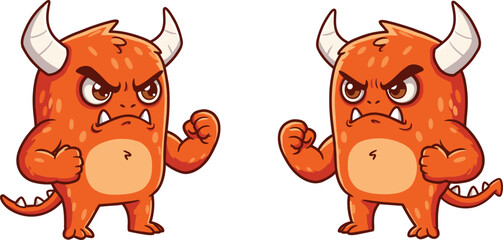Cartoon orange monster character, angry expression, fantasy creature, symmetrical design, horned beast illustration, cute scary mascot, game asset, animation design, children artwork, vector drawing
