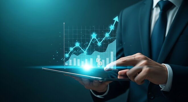 Businessman in a suit analyzing a glowing futuristic holographic financial stock market graph and data on a tablet computer screen with a dark background and blue light effects
