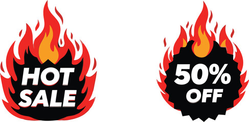 Fiery hot sale 50% off discount tag special offer promotion element vector