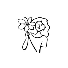 Black and white vector illustration of a beautiful woman holding a flower, minimal clean line art style
