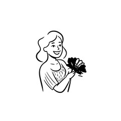 Black and white vector illustration of a beautiful woman holding a flower, minimal clean line art style