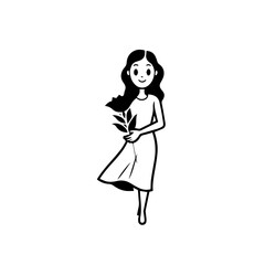 Black and white vector illustration of a beautiful woman holding a flower, minimal clean line art style