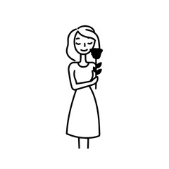 Black and white vector illustration of a beautiful woman holding a flower, minimal clean line art style