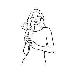 Black and white vector illustration of a beautiful woman holding a flower, minimal clean line art style