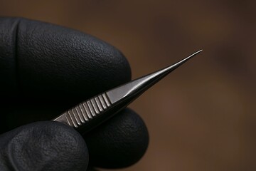 Macro shot of fine surgical tweezers held with black gloves, highlighting precision, sterility, and craftsmanship in delicate medical procedures.