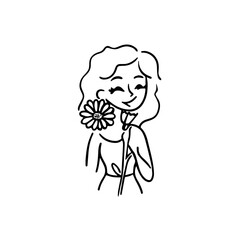 Black and white vector illustration of a beautiful woman holding a flower, minimal clean line art style