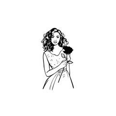Black and white vector illustration of a beautiful woman holding a flower, minimal clean line art style