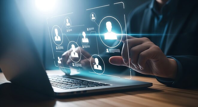 Close up of a person s hand interacting with a futuristic holographic interface displaying a network of user profiles and connections on a laptop screen