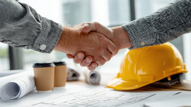 Two professionals shake hands, symbolizing partnership and collaboration in a construction project.
