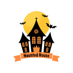 Cute Halloween Background with Haunted House Ribbon Text