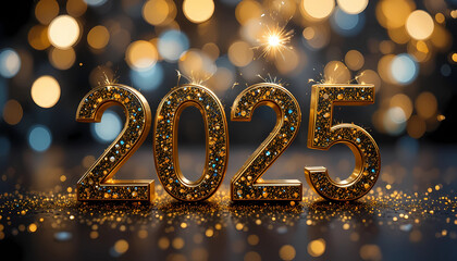 Golden 2025 new year numbers with bokeh lights and sparklers for a festive celebration backdrop