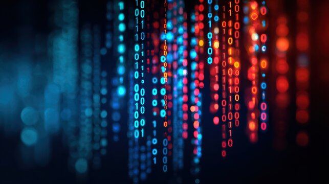 Vibrant digital binary code cascading in blue and red tones, representing modern data flow and technology advancement.