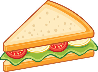 Illustration of a triangle-shaped sandwich with lettuce, tomato, and cheese filling, presented on a white background.