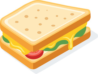 Isometric illustration of a sandwich with bread, cheese, lettuce, and tomato, casting a shadow on a white background.