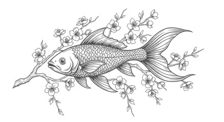 Koi fish with blooming cherry blossom branch hand drawing art